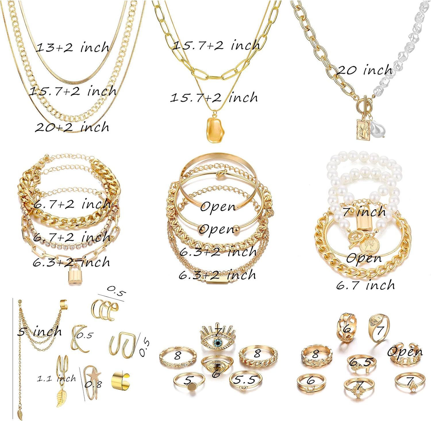 IFKM 36 PCS Gold Plated Jewelry Set with 4 PCS Necklace, 11 PCS Bracelet, 7 PCS Ear Cuffs Earring, 14 Pcs Knuckle Rings for Women Girls Valentine Anniversary Birthday Friendship Gift