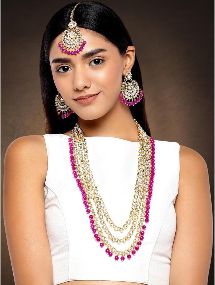 indian ethnic wedding faux kundan beaded bridal long necklace earrings with maang tikka traditional jewellery set for wo