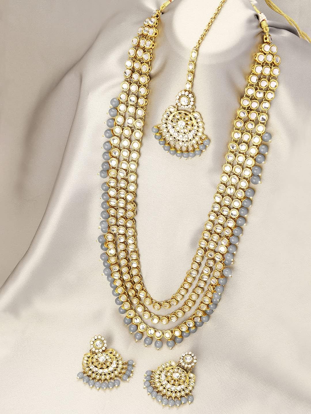 Indian Ethnic Wedding Faux Kundan Beaded Bridal Long Necklace Earrings with Maang Tikka Traditional Jewellery Set for Women