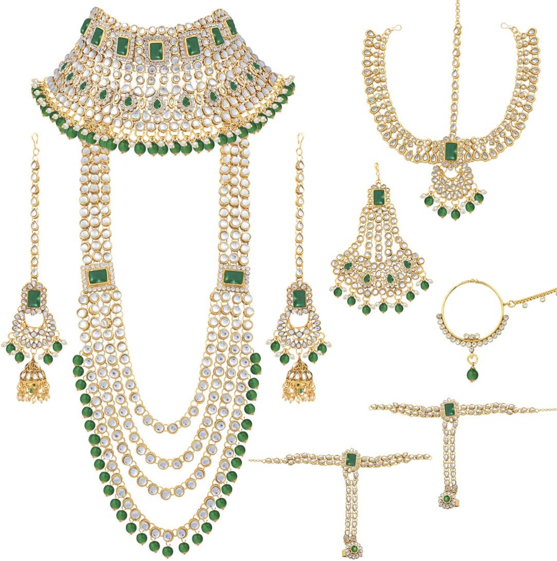Indian Heavy Bridal Jewelry Set Long Choker Necklace Earrings Maang Tikka Nath Paasa Hath Phool Traditional Faux Kundan Beads Wedding Wear for Women (Green)