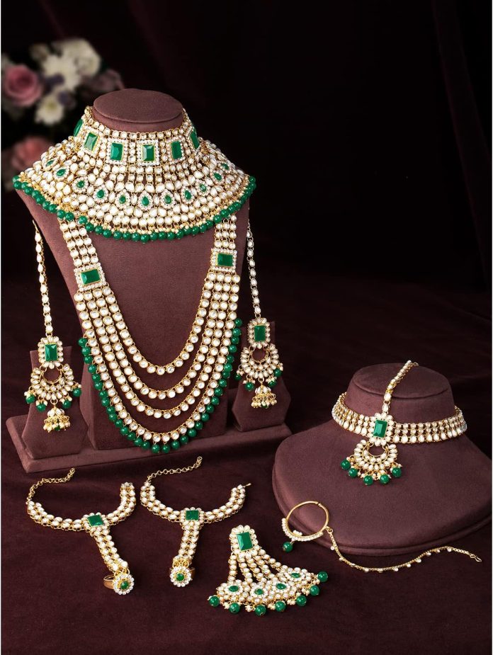 indian heavy bridal jewelry set long choker necklace earrings maang tikka nath paasa hath phool traditional faux kundan