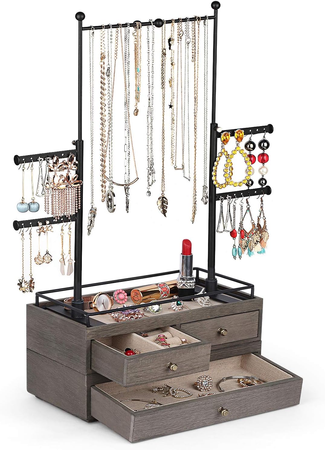 Jewelry Organizer - 2 Layer Wooden Jewelry Drawer Storage Box with 6 Tier Jewelry Tree Stand, Jewelry Display for Necklaces Bracelet Earring Ring (Carbonized Black)