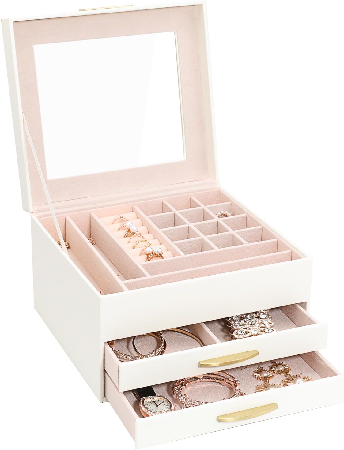 Jewelry Storage Box with Glasses Lid, 3-Tiers Jewelry Organizer Box for Women Girls, Jewelry Case for Rings, Bracelets Earrings, Necklaces (White)