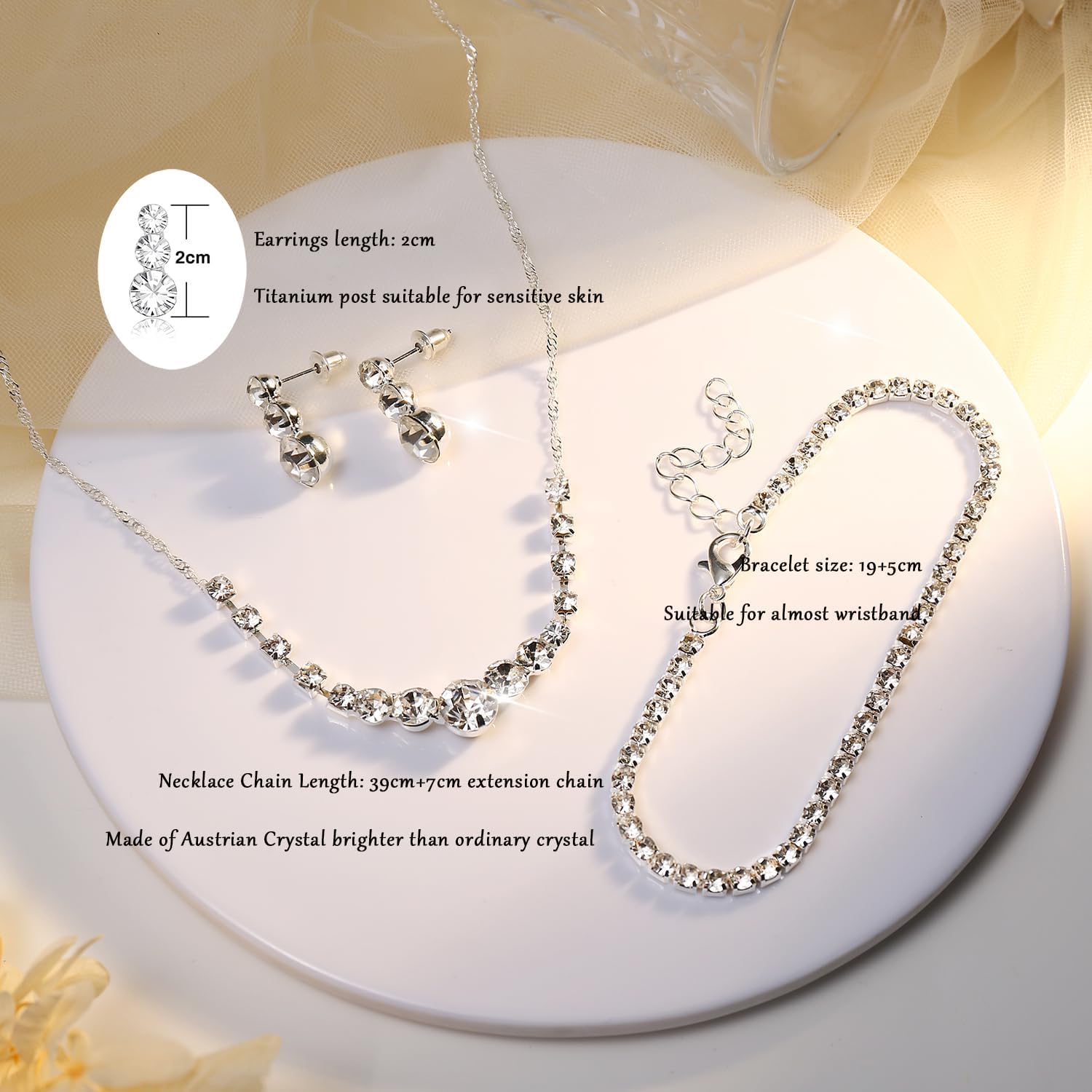 Jstyle Silver Jewelry Set for Women Rhinestone Crystal Necklace Drop Earrings Link Bangle Bracelet Bridal Wedding Jewelry Sets for Brides Bridemaid Prom Costume Accessories