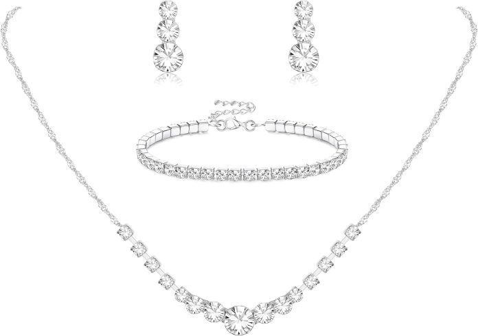 jstyle silver jewelry set for women rhinestone crystal necklace drop earrings link bangle bracelet bridal wedding jewelr