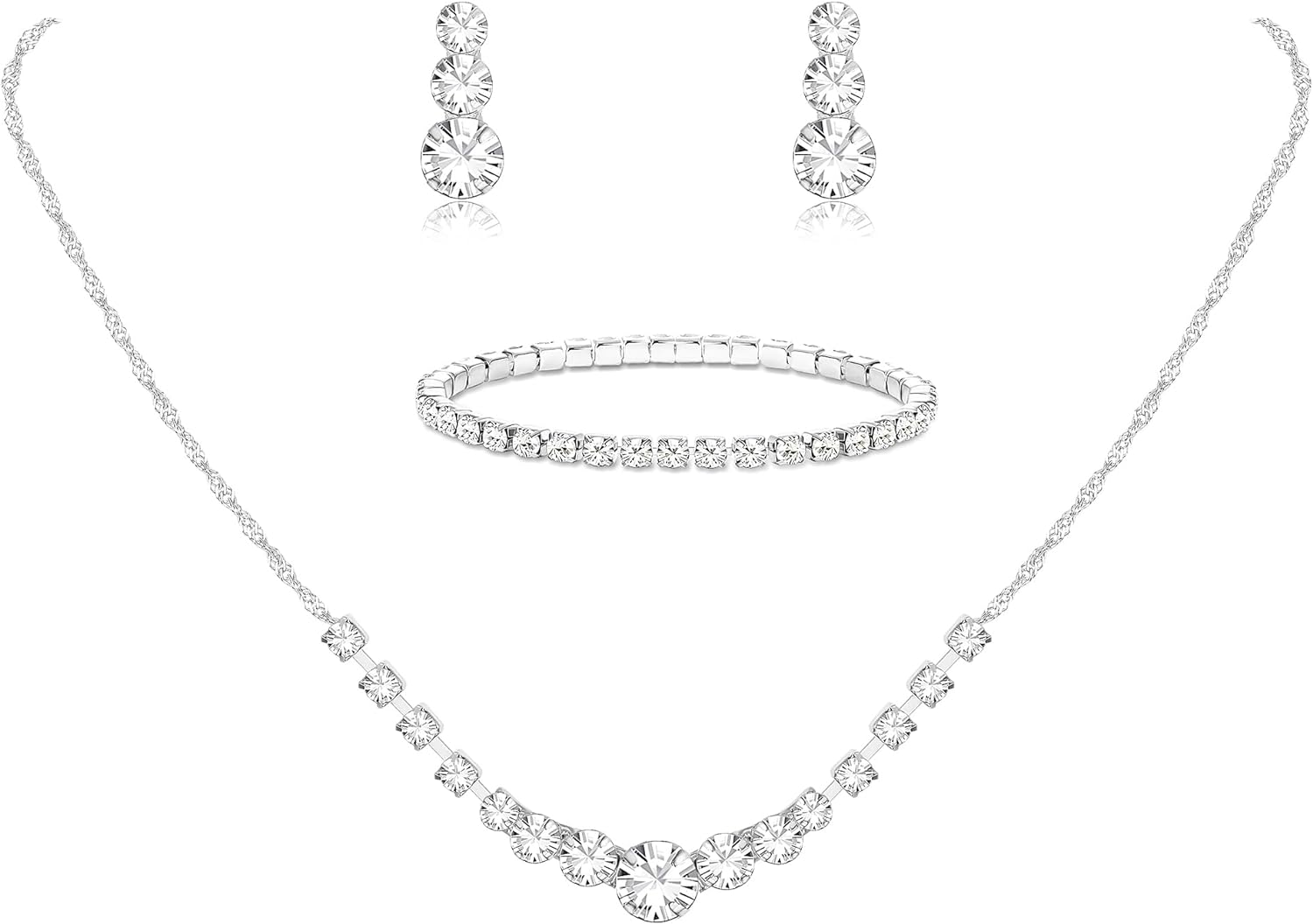 Jstyle Silver Jewelry Set for Women Rhinestone Crystal Necklace Drop Earrings Link Bangle Bracelet Bridal Wedding Jewelry Sets for Brides Bridemaid Prom Costume Accessories