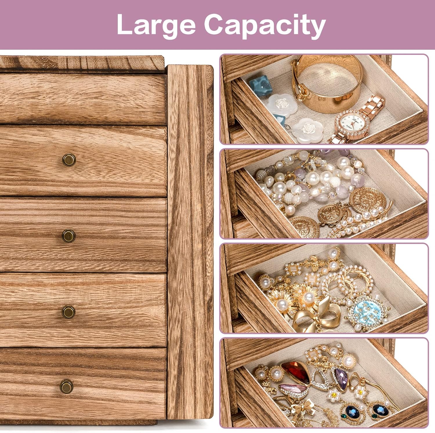 Meangood Jewelry Box Wood for Women, 5-Layer Large Organizer Box with Mirror  4 Drawers for Rings, Earrings, Necklaces, Vintage Style Torched Wood