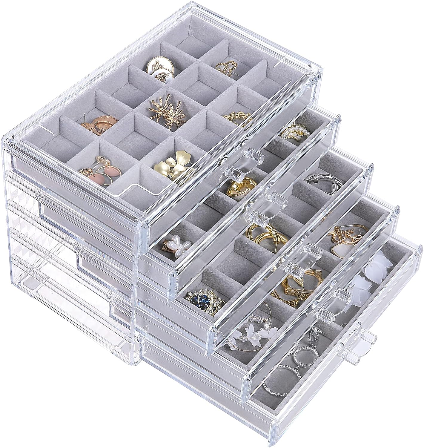 misaya Earring Jewelry Organizer with 5 Drawers, Gift for Women, Girls, Clear Acrylic Jewelry Box for Women, Velvet Earring Display Holder for Earrings Ring Bracelet Necklace, Gray