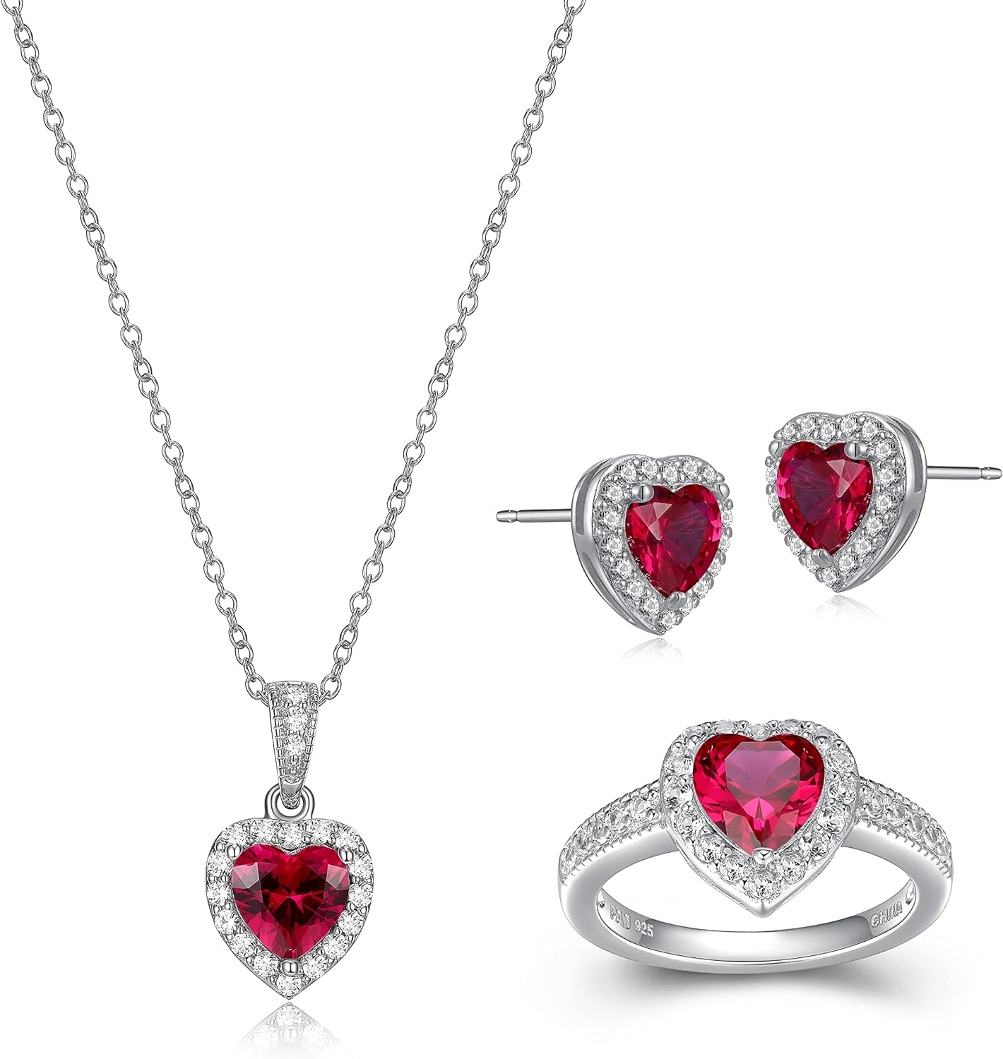 MORGAN PAIGE .925 Sterling Silver Gemstone and White Sapphire Halo Heart Pendant Necklace, Stud Earrings, and Size 7 Ring Set - Choice of Birthstone Colors