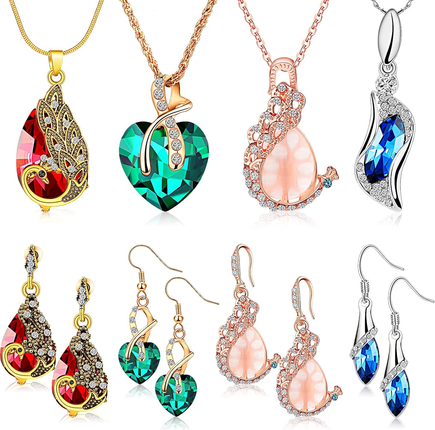 MTLEE 4 Sets Peacock Jewelry for Women, Valentines Day Gifts Crystal Necklace Earrings, Rhinestone Waterdrop Pendant, Heart Charm Hook Earrings for Birthday Party Gifts