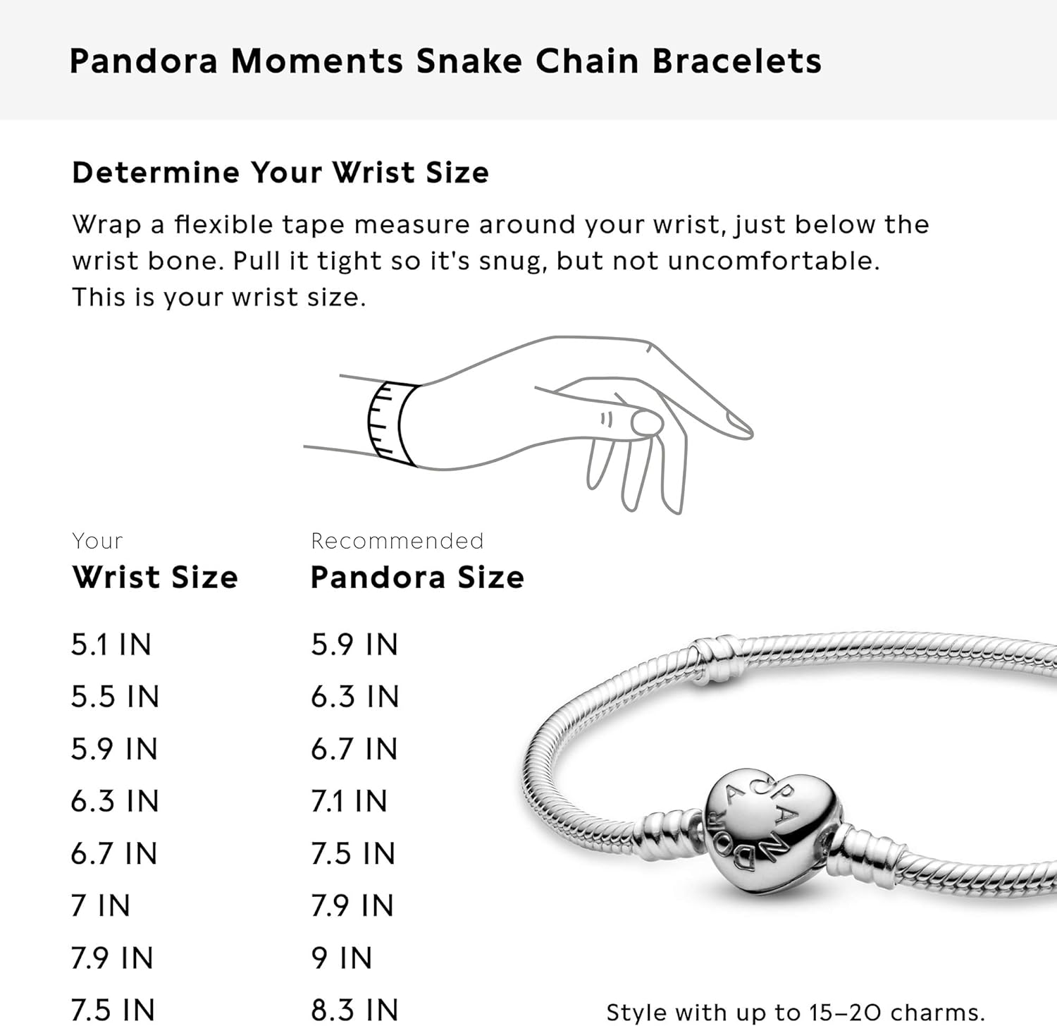 Pandora Moments Heart Clasp Snake Chain Bracelet - Compatible Moments Charms - Charm Bracelet for Women - Gift for Her, With Gift Box