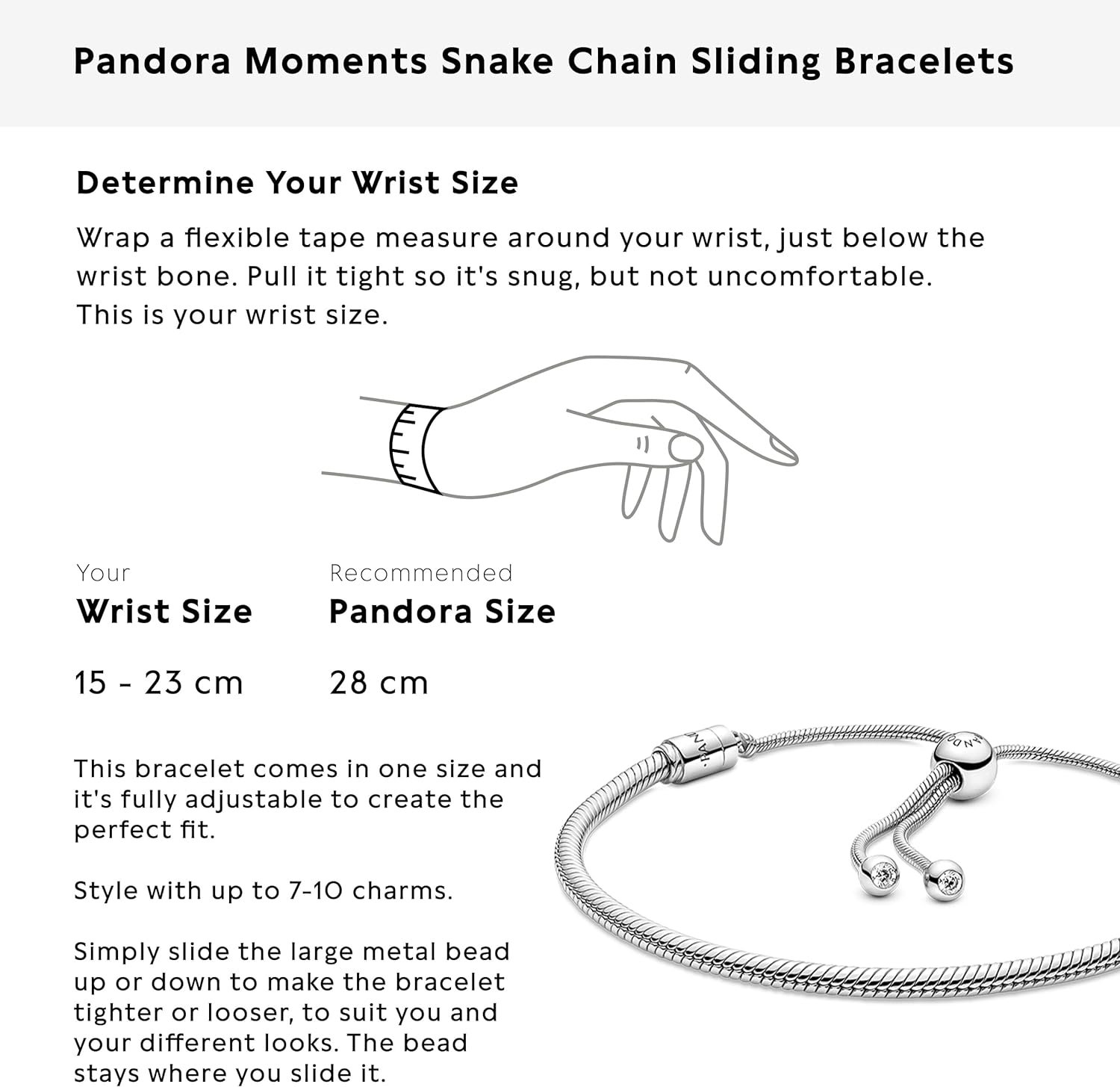 Pandora Moments Snake Chain Slider Bracelet - Charm Bracelet for Women - Gift for Her - Sterling Silver with Clear Cubic Zirconia - 11