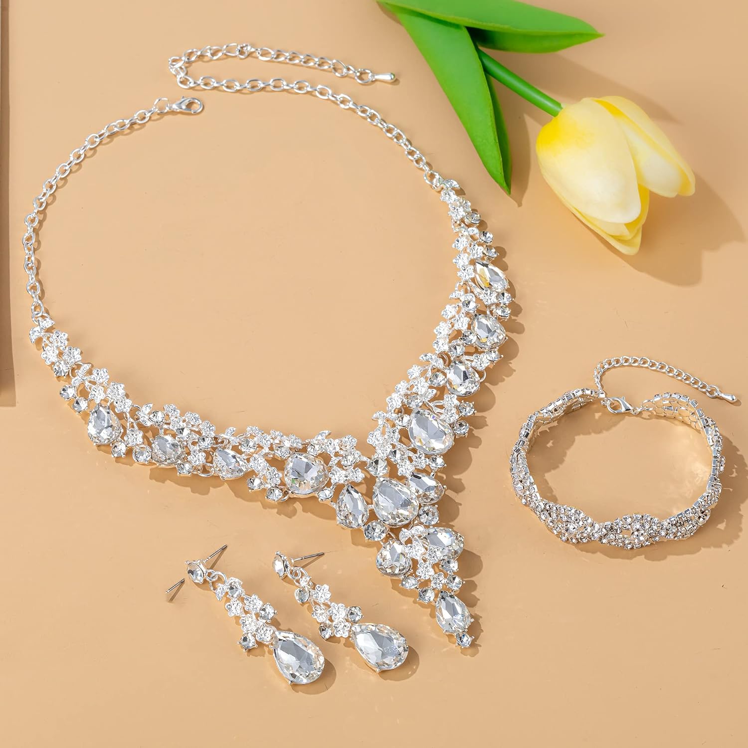 Paxuan Silver/Gold Plated Women Wedding Bridal Jewelry Set Prom Crystal Rhinestone Statement Choker Necklace Teardrop Earrings Link Bracelet Jewelry Sets for bride bridesmaid Wedding
