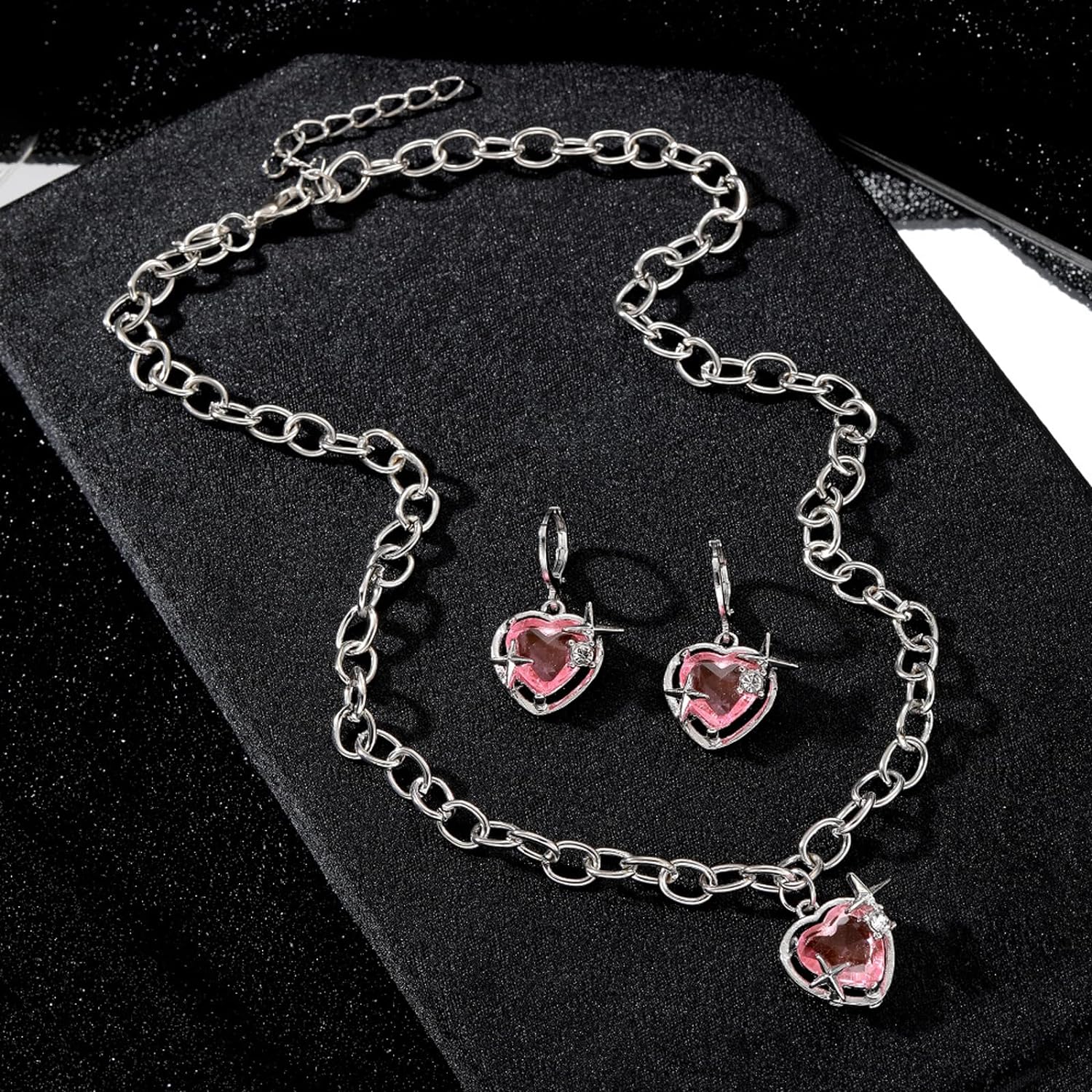 suofrun Hot Pink Love Heart Earrings  Necklace Jewelry Set For Girls Women Crystal Alloy Earrings Necklace Set Jewelry Gifts For Valentines Day Christmas Wife Girlfriend Her