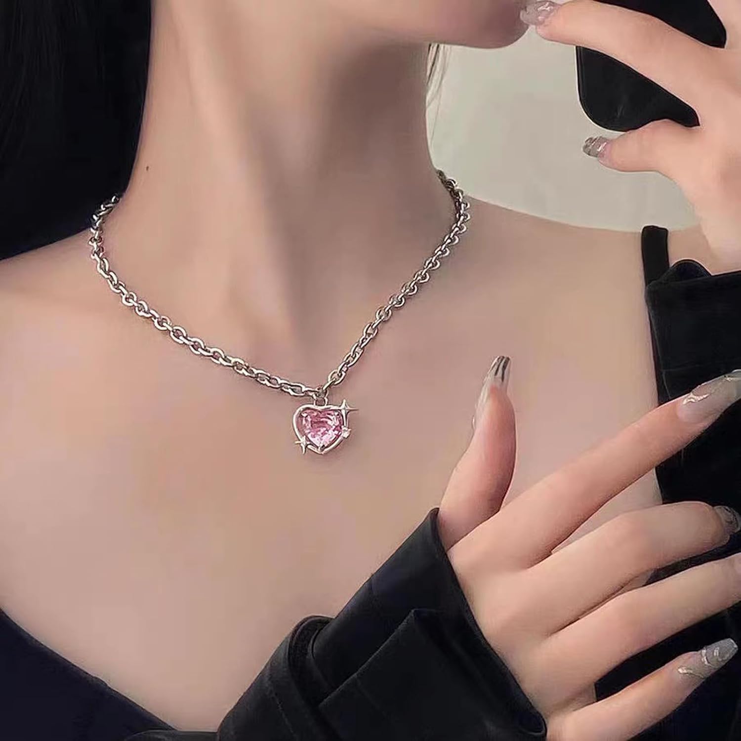 suofrun Hot Pink Love Heart Earrings  Necklace Jewelry Set For Girls Women Crystal Alloy Earrings Necklace Set Jewelry Gifts For Valentines Day Christmas Wife Girlfriend Her