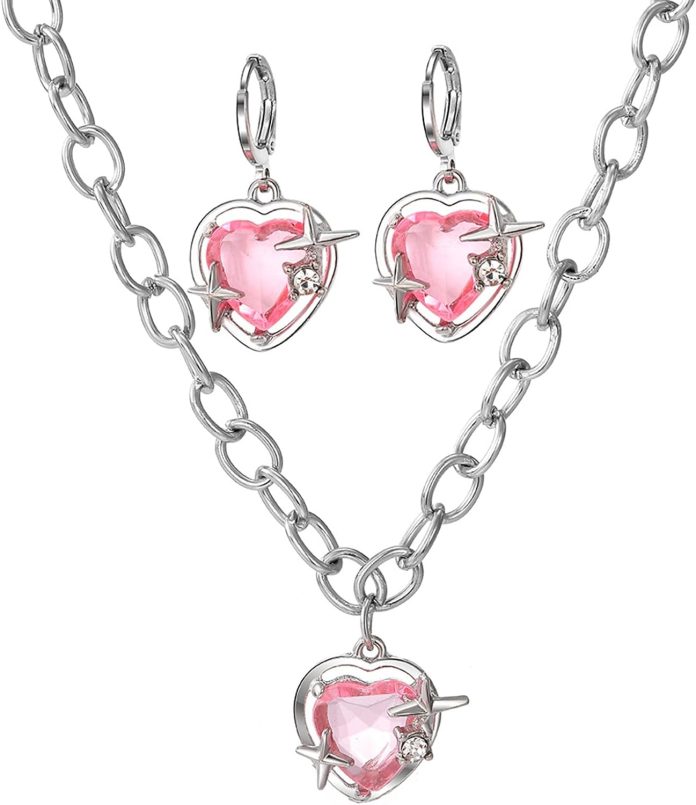 suofrun hot pink love heart earrings necklace jewelry set for girls women crystal alloy earrings necklace set jewelry gi
