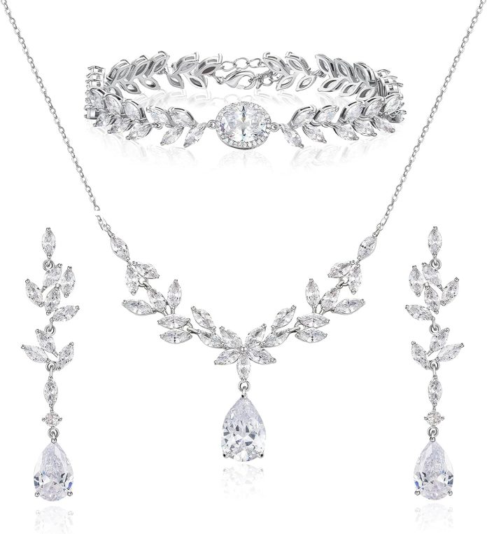 sweetv bridal jewelry set for wedding cubic zirconia necklace dangle earrings bracelet set teardrop marquise brides brid