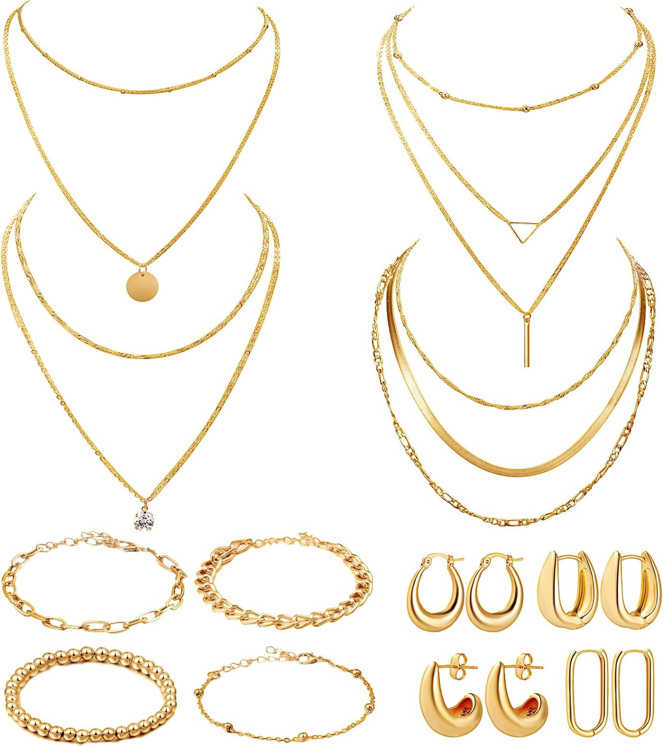 Tiamon 12 Pcs Gold Silver Jewelry Sets for Women Layered Set of Earring Necklace Bracelets for Teen Girl Men Christmas Jewelry Gifts