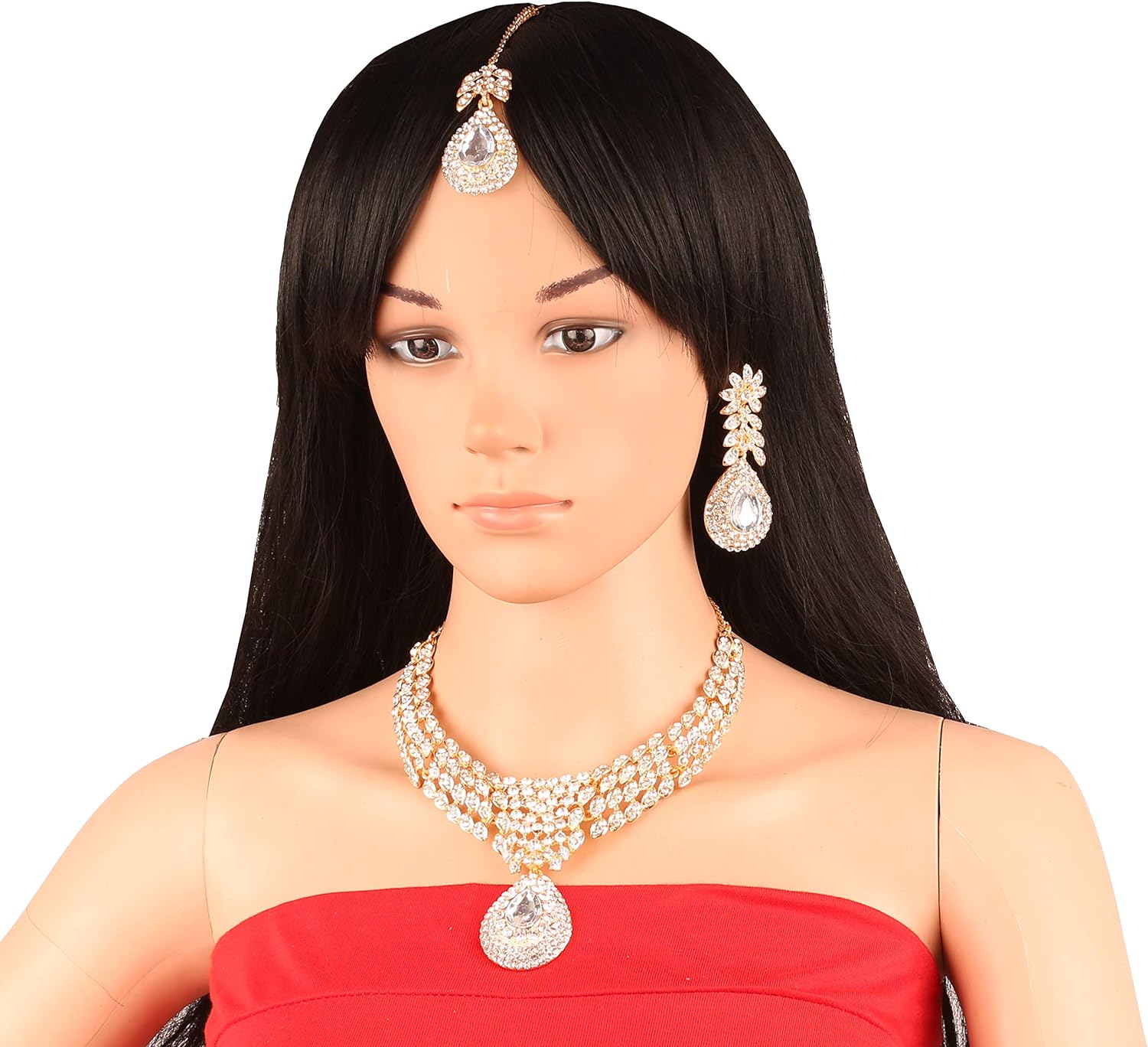 Touchstone Indian Bollywood Gorgeous intricate Workmanship Sparkling White Colorful Rhinestone crystal wedding Designer Jewelry Necklace Set In Gold or Silver Tone For Women.