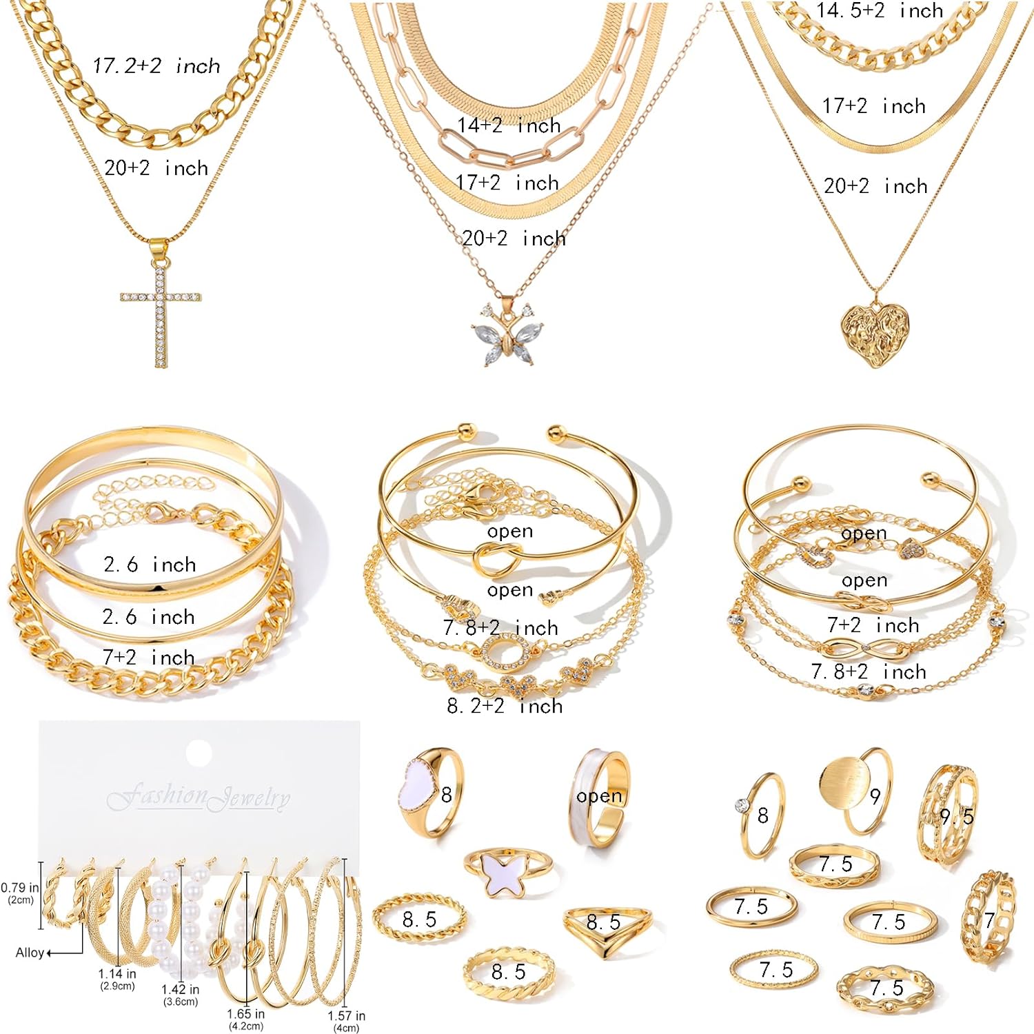 VKME 45 PCS Gold Jewelry Set for Women Girls Dainty Dangle Earrings,Elegant Knuckle Rings,Adjustable Bracelets and Necklaces,Perfect Fashion Anniversary Birthday Party Gift,Trendy Jewelry Pack
